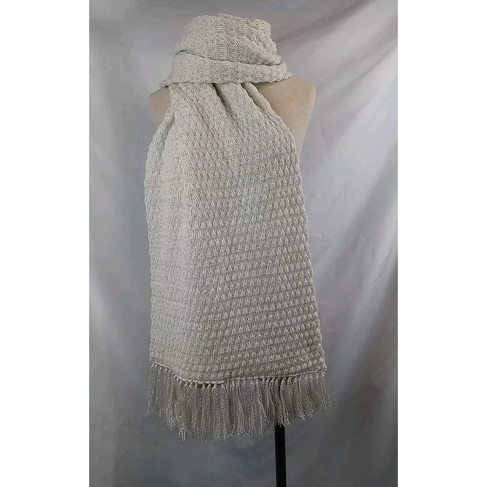 Vintage Fringed Scarf Ivory Cream Color & Silver‎ Sparkles Shawl Women's Wrap